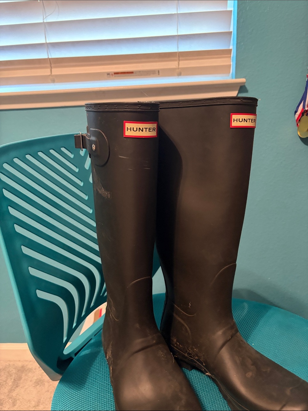 Hunter Black Tall Rubber Rain Boots with Red Logo